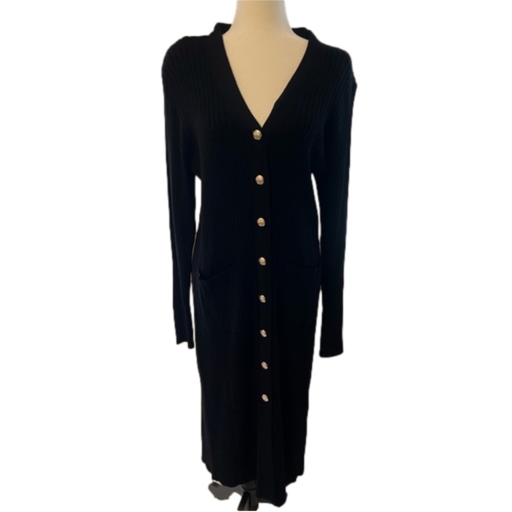 NWT Melanie Lyne Button Front Ribbed Knit Midi Sweater Dress in Black